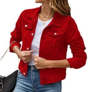 Slim fit red denim jacket for women featuring a classic collar and metallic buttons