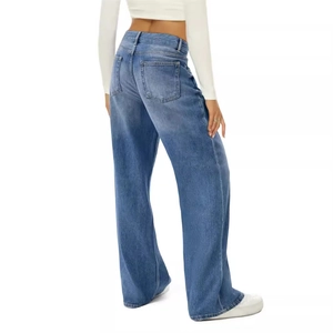Women's dark blue wide-leg denim jeans with vintage wash and classic back pockets