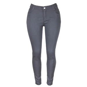Slim fit high waist charcoal gray denim pants for women with minimalist button detail