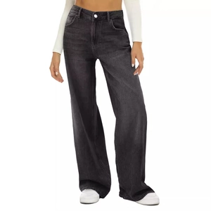 Women's high waist wide leg denim jeans in washed grey with a loose straight fit