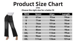 Tableau des tailles détaillé pour jeans amples vintage du XS au 4XL en centimètres précis