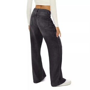 Women's dark gray wide-leg denim jeans with vintage washed texture and high-waist fit