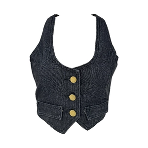 Chic black denim halter vest featuring slim fit design and gold metal buttons