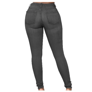 Detail view of the back pockets and high-waist cut of slim charcoal denim jeans for women