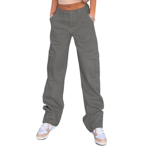 Damen Cargo-Hose in Grau mit hoher Taille, Seitentaschen und weitem Bein-Schnitt