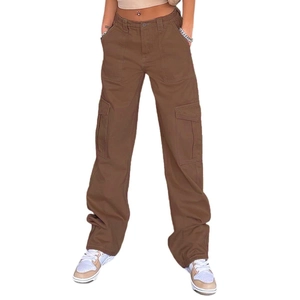 Damen Cargo-Hose in Braun mit hoher Taille und mehreren Taschen im weiten geraden Schnitt