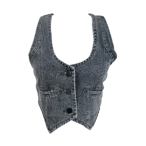 Slim fit vintage dark grey wash denim vest with V-neck and matte black buttons
