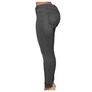 Close-up of charcoal grey skinny jeans showing stretch fit and rear pocket details