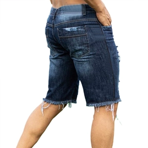 Men's slim fit distressed denim shorts in dark blue with frayed hems and washed finish