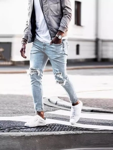 Herren Mode Zerrissene Slim Fit Denim Jeans Distressed Hellblau Gewaschen Streetwear Skinny Jeans Herren Lässig Denim Lange Hose