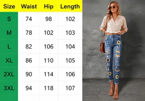Detailed size chart for high waist printed denim jeans with floral and leopard patterns
