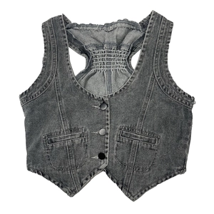 Short slim fit grey washed denim vest for women with front buttons and pockets on white background
