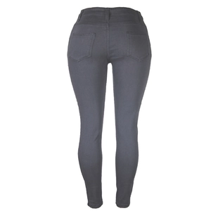 Detail view of the back pockets and high-waist design on slim-fit charcoal denim jeans