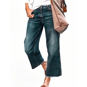 Jeans Femme Rétro Taille Haute Jambe Large Bords Effilochés Pantalon en Denim Usé Décontracté Ample Coupe Droite Mode