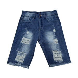 Men's slim fit distressed dark blue denim shorts with ripped details and raw hem