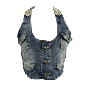 Vintage Denim-Neckholder-Weste mit vier Cargo-Taschen und Metallknöpfen für Damen