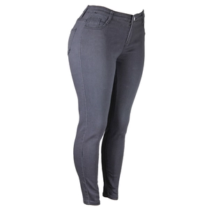 Detail of high-waisted dark grey skinny jeans featuring side seams and metal button closure