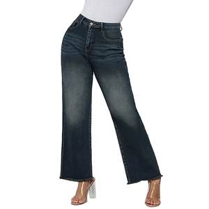 Jean rétro bleu foncé à jambe large, taille haute et ourlet brut pour femmes