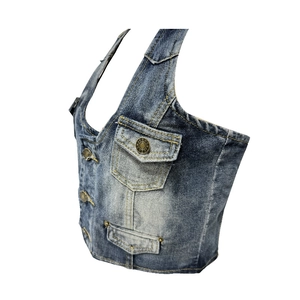 Vintage blaue Jeansweste für Damen mit Metallknöpfen und gelben Kontrastnähten
