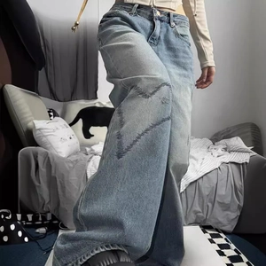 Damen Vintage Low Waist Herz Print Weites Bein Jeans Hellblau Waschen Denim Locker Streetwear Casual Hose Für Frauen