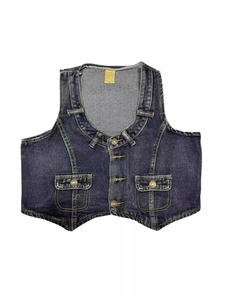 Retro slim-fit dark wash denim vest for women with brass buttons and dual chest pockets