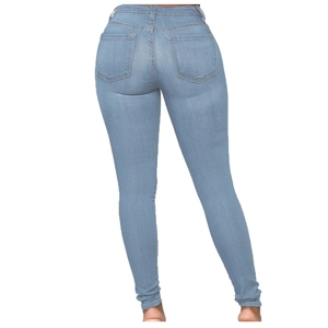 Detailed back view of high-waisted slim fit light blue denim jeans with functional pockets
