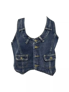 Retro washed dark blue denim vest with metal buttons and classic contrast stitching