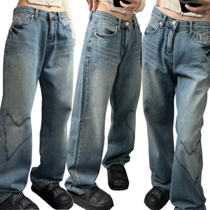 Retro hellblaue Weite Jeans mit Fransenherz-Patchwork und hoher Taille Passform