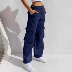 Femmes Casual Denim Cargo Jeans Multi Poches Taille Haute Jambe Droite Large Streetwear Mode Extérieure Pantalons Femme