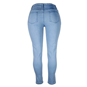 Detailed back view of slim fit light blue stretch denim jeans with dual back pockets