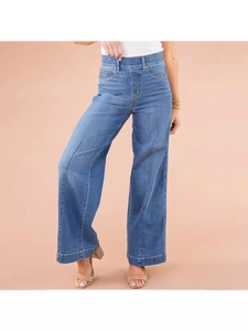 Women's mid-waist wide-leg jeans in medium blue with decorative vertical seam detail