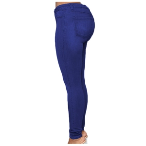 Detail view of high waist slim fit dark blue denim jeans with elastic fabric texture