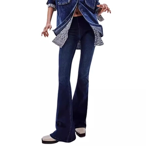 Women's dark blue slim fit flared denim jeans with high waist and decorative stitching