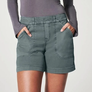 Slim fit retro grey-green stretch denim shorts for women with utility front pockets
