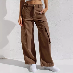 Jean cargo femme taille haute marron foncé à jambes larges avec grandes poches