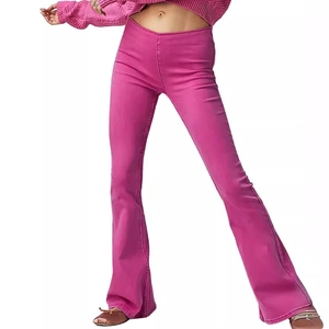 Fashionable magenta high waist flared jeans for women with slim fit stretch design