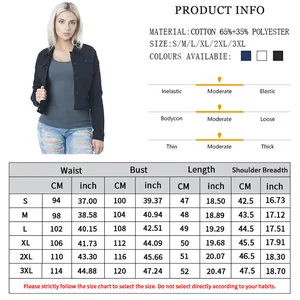 Size chart for slim fit vintage denim jacket with S-3XL measurements in CM and inch