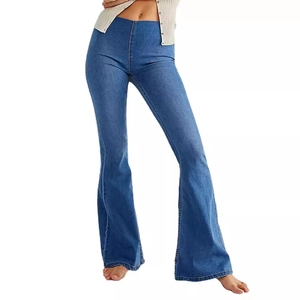 Women's low-waisted stretchy flare jeans in medium wash blue denim with slim fit