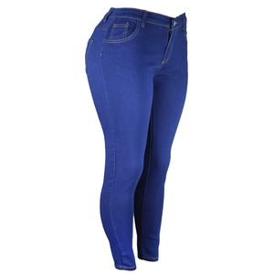 Detail view of deep blue slim fit jeans featuring yellow contrast stitching and pockets