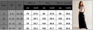 Detailed size chart for loose straight denim maxi skirt including US and EU measurements