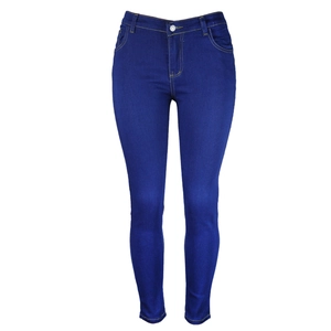 Detailed close-up of dark blue skinny jeans with classic yellow stitching and high waist