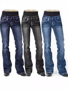 Women American Vintage Flared Jeans High Waist Slim Fit Elastic Washed Denim Pants Retro Bootcut Long Trousers