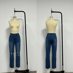 Front and back view of slim fit dark blue denim jeans with distressed knee and raw hems