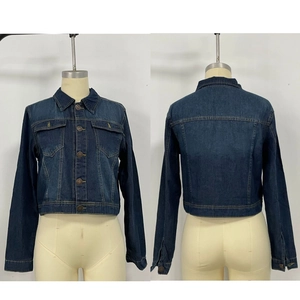 Front and back detail of a dark blue cropped denim jacket with button pockets and lapel