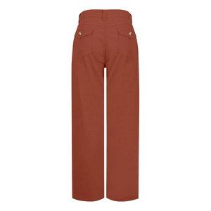 Detail of high waisted wide leg pants featuring back flap pockets with metal buttons