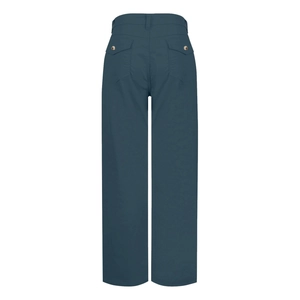 Detail view of high-waist straight leg pants with two buttoned flap back pockets