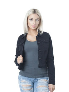 Detailed close-up of a slim-fit black denim jacket with textured fabric and metal buttons