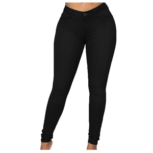 Detailed view of high waist skinny fit black denim jeans for women with single button closure