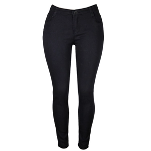 Detail shot of black high-waisted skinny jeans with button closure and belt loops