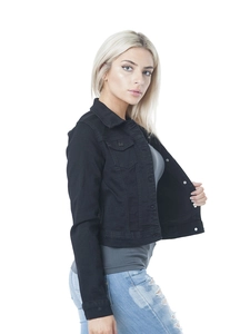 Detail of double-needle stitching and metal buttons on black cropped denim jacket